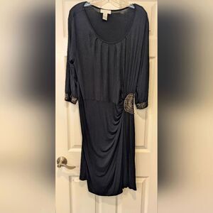 Design History black stretch faux wrap long sleeve midi beaded formal Dress XL